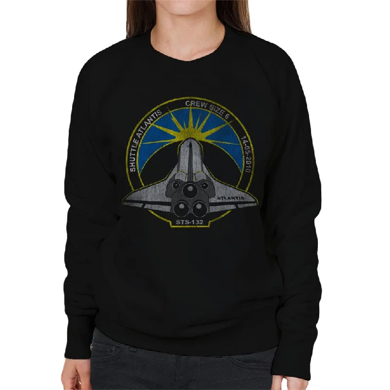 NASA STS 132 Atlantis Mission Badge Distressed Women's Sweatshirt Hoodie with Monochrome Minimalist Simple