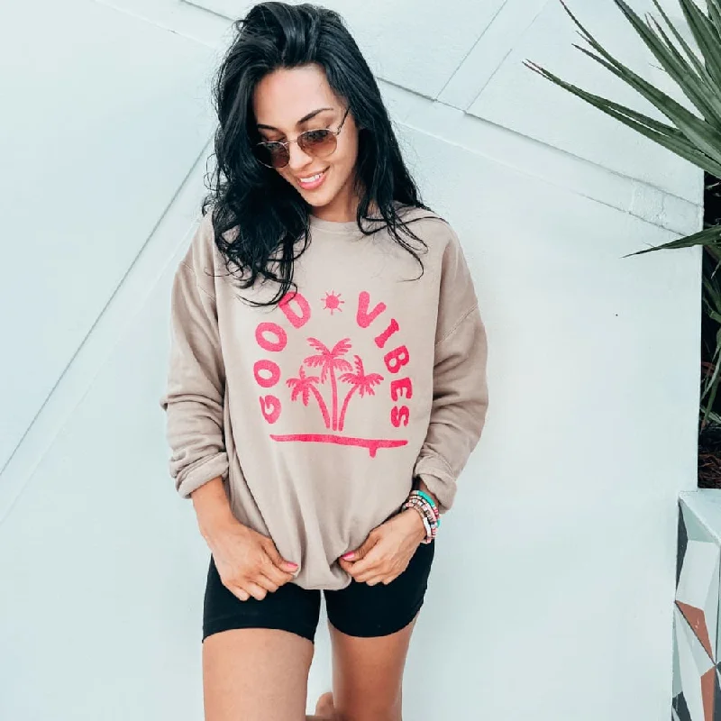 Good Vibes Sweatshirt - Tan Hoodie with Contrast Stitching Detailed Premium