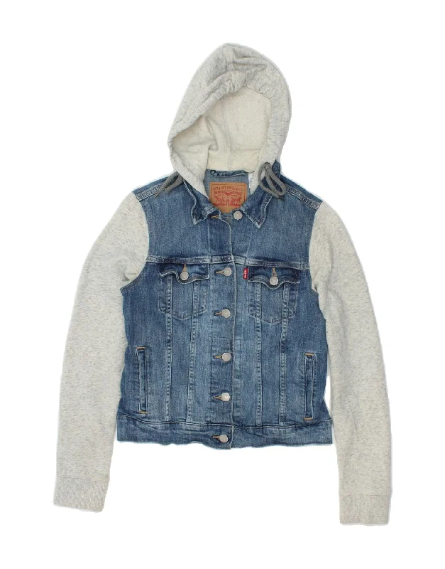 LEVI'S Girls Hooded Denim Jacket 10-11 Years XS Blue Colourblock Cotton Stand-Up Collar Roll-Neck Collar Turtle Neck LEVI'S Girls Hooded Denim Jacket 10-11 Years XS Blue Colourblock Cotton Stand-Up Collar Roll-Neck Collar Turtle Neck