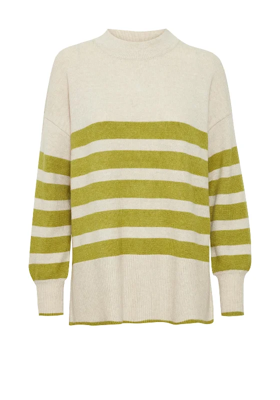 Fransa Bitte Horizontal Striped Jumper, Green and Beige Welt Pockets Slit Pockets Flap Pockets