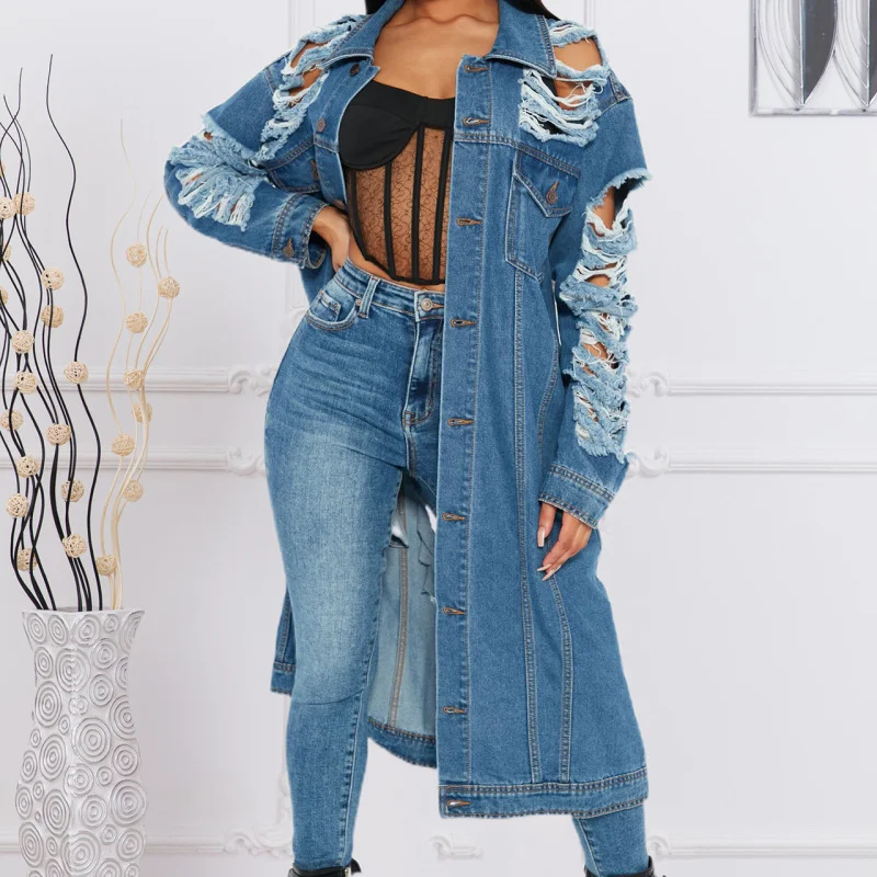 Women'S Fashion Ripped Long Sleeve Denim Jacket Trench Coat Raincoat Waterproof Jacket Women'S Fashion Ripped Long Sleeve Denim Jacket Trench Coat Raincoat Waterproof Jacket