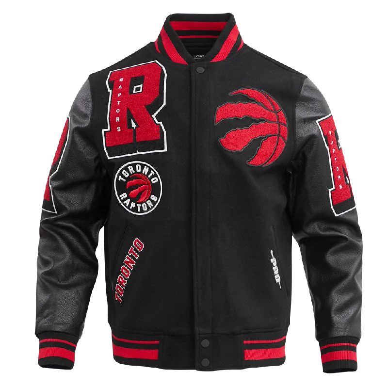 NBA TORONTO RAPTORS MASHUP MEN'S RIB WOOL VARSITY JACKET (BLACK/RED/BLACK) Trench Coat Raincoat Waterproof Jacket