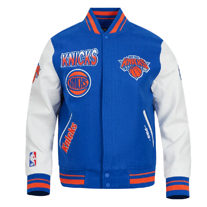 NBA NEW YORK KNICKS TURN IT UP MEN'S RIB WOOL VARSITY JACKET (ROYAL/ORANGE/ROYAL) Jacket Blazer Coat