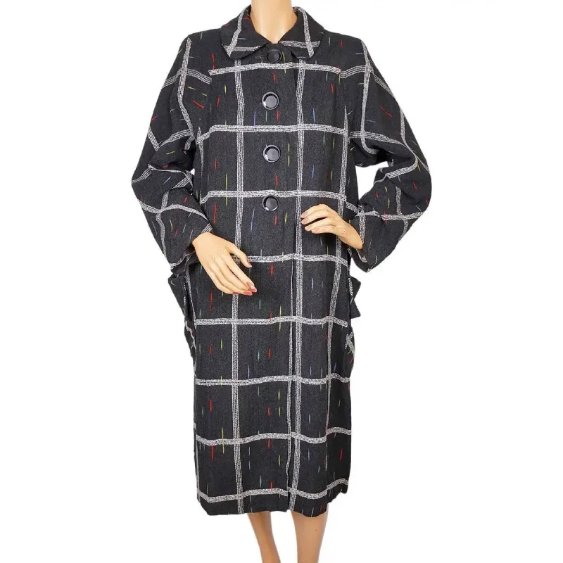 Vintage 1950s Swing Coat Checked Grey Wool w Flecks Ladies L Parka Down Jacket Wool Coat Vintage 1950s Swing Coat Checked Grey Wool w Flecks Ladies L Parka Down Jacket Wool Coat