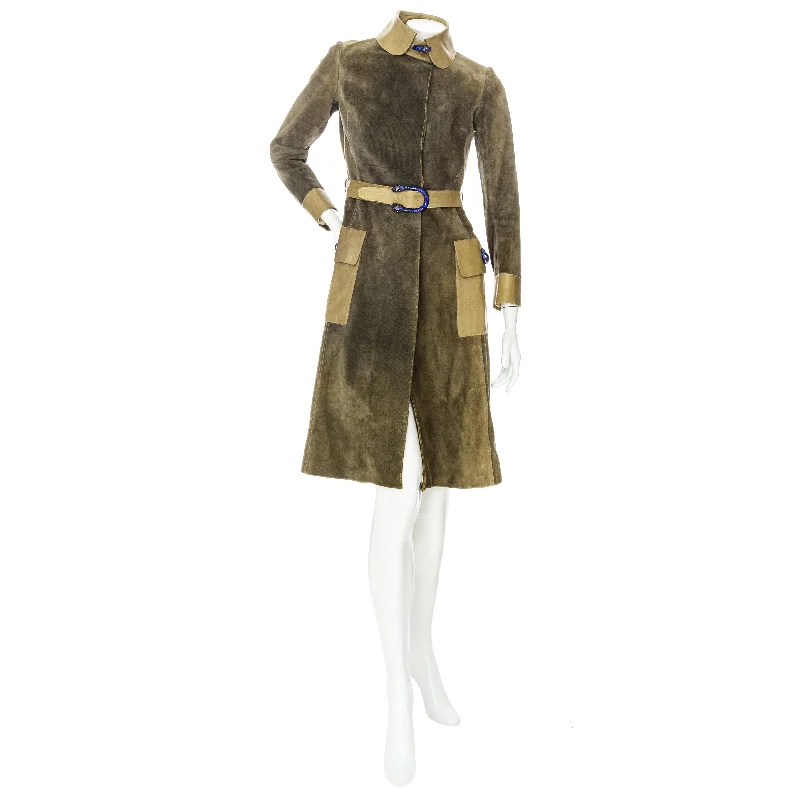 1970s Sage Green Suede and Leather Tiger Head Trench Coat Crew Neck V-Neck Boat Neck 1970s Sage Green Suede and Leather Tiger Head Trench Coat Crew Neck V-Neck Boat Neck