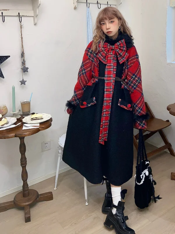 Retro Black Plaid Mid-length Woolen Coat SHC0010 Square Neck One-Shoulder Off-the-Shoulder Retro Black Plaid Mid-length Woolen Coat SHC0010 Square Neck One-Shoulder Off-the-Shoulder