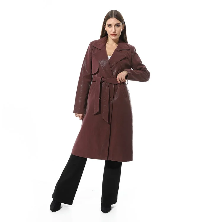 Slash Pockets Notch Lapel Leather Coat - Mr Joe Off-the-Shoulder Jacket Double-Breasted Coat Single-Breasted Coat Slash Pockets Notch Lapel Leather Coat - Mr Joe Off-the-Shoulder Jacket Double-Breasted Coat Single-Breasted Coat