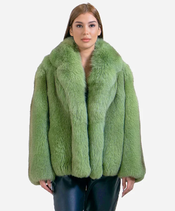 Women’s ‘Matcha Green’ Fox Fur Coat Denim Leather Suede