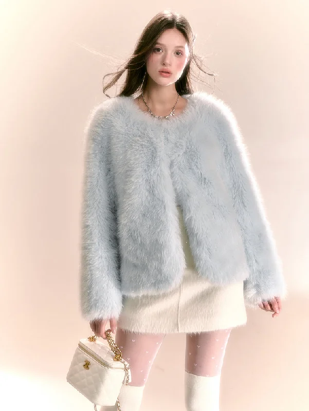 Luxury Wear Small Imitation Fur Blue Short Coat QDQ0104 Elasticated Drawstring Belted Luxury Wear Small Imitation Fur Blue Short Coat QDQ0104 Elasticated Drawstring Belted