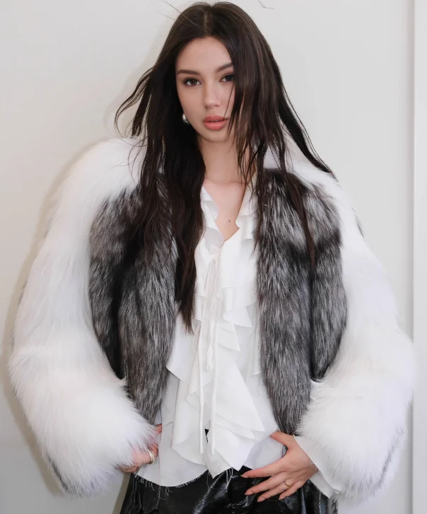 Women's Silver Frost Fox Fur Coat Boat Shawl Notched