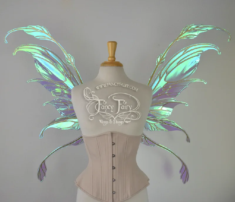 Fauna Iridescent Convertible Fairy Wings in Aquamarine with Candy Coat Gold veins Jersey Tulle Batik Fauna Iridescent Convertible Fairy Wings in Aquamarine with Candy Coat Gold veins Jersey Tulle Batik