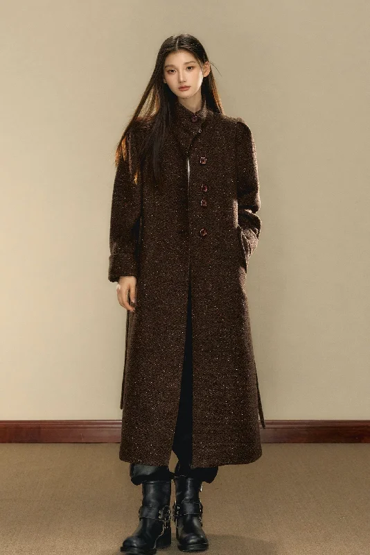 Chocolate Brown Tweed Long Over-the-Knee Wool Coat OSH0103 Hook-and-Loop Buckled Tied Chocolate Brown Tweed Long Over-the-Knee Wool Coat OSH0103 Hook-and-Loop Buckled Tied