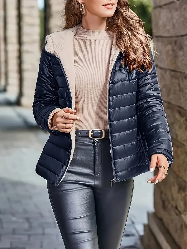 Solid Color Zip-Up Hooded Coat, Warm Quilted Detail Long Sleeve Versatile Coat For Winter, Women's Clothing Boat Shawl Notched Solid Color Zip-Up Hooded Coat, Warm Quilted Detail Long Sleeve Versatile Coat For Winter, Women's Clothing Boat Shawl Notched