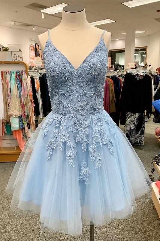 V Neck Short Sky Blue Homecoming Dress c3248