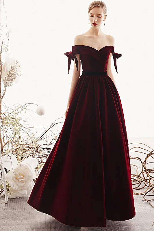 Charming A Line Long Off the Shoulder Burgundy V Neck Prom Dresses with Sweetheart STI15089