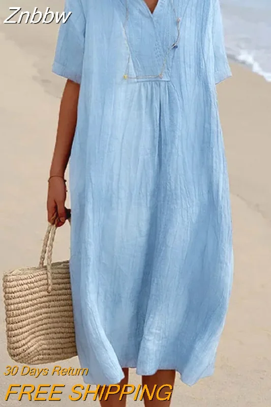 Znbbw V-neck Short Sleeve Pleated Long Dress Simple Solid Color Loose Women Dress 2023 Summer Beach Cotton Linen Dress Vestidos