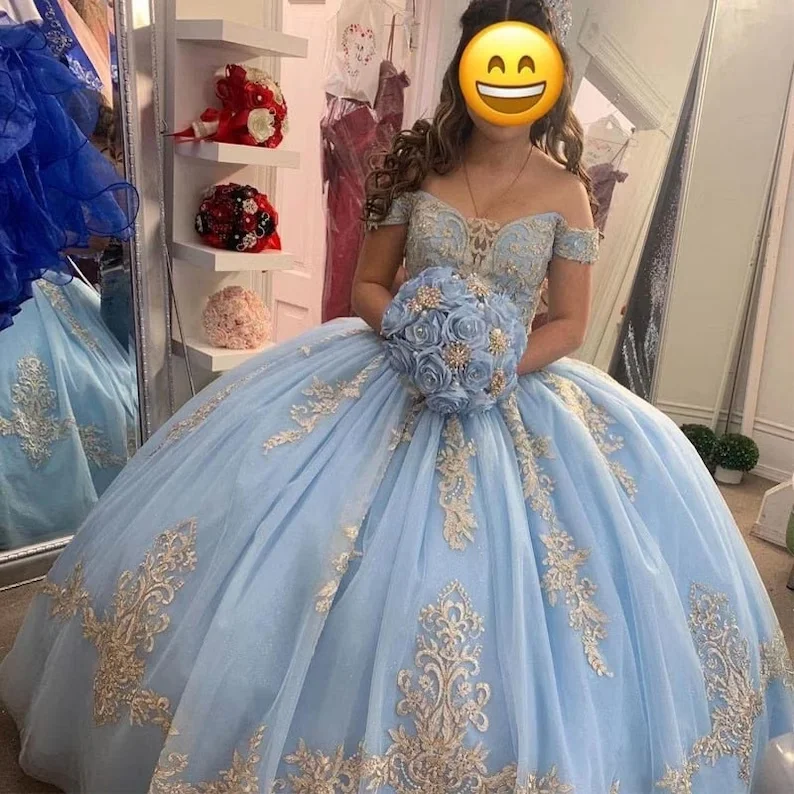 Baby Blue Ball Gown Quinceanera Dresses Off the Shoulder with Sleeves Sweet 16 Birthday Party Gowns Y403 Baby Blue Ball Gown Quinceanera Dresses Off the Shoulder with Sleeves Sweet 16 Birthday Party Gowns Y403