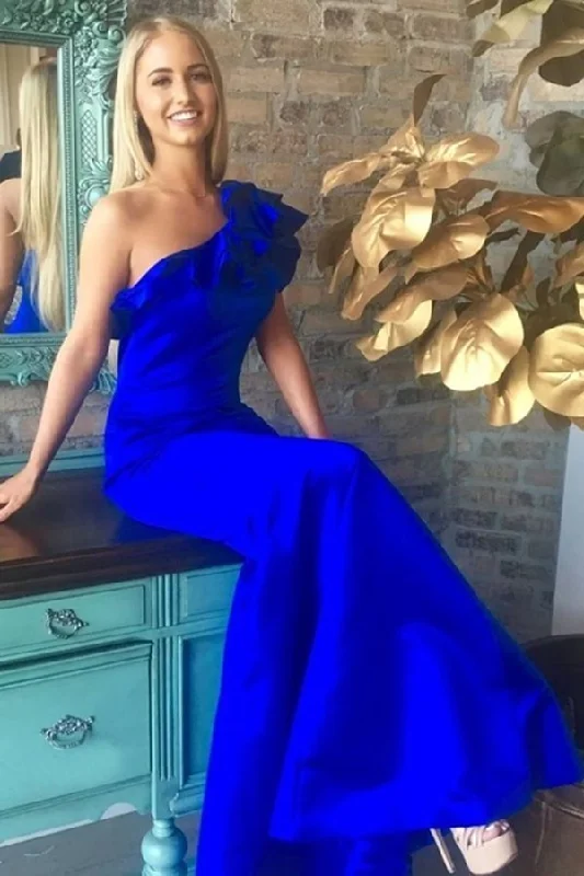 Beautiful Sheath Long One Shoulder Royal Blue Prom Dresses P66K8YRA