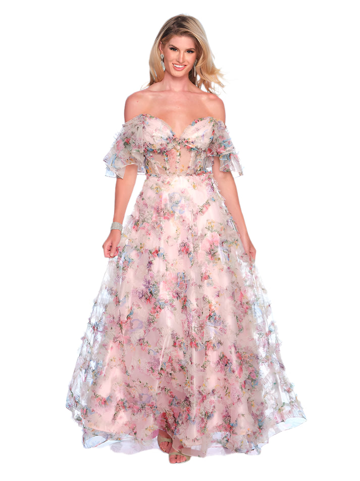 Dave & Johnny 11784 Size 00 Pink Print Sheer Corset Pleated A Line Prom Dress Ruffle Sleeve Formal Gown Dave & Johnny 11784 Size 00 Pink Print Sheer Corset Pleated A Line Prom Dress Ruffle Sleeve Formal Gown