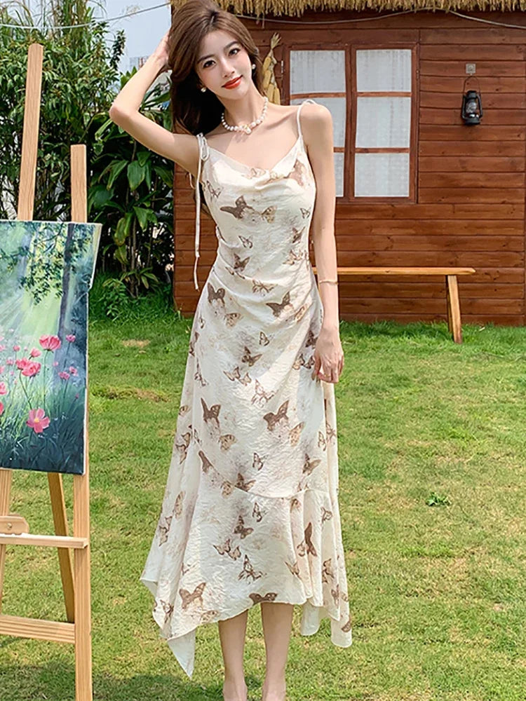 Getadme-2024 New Print Chiffon Bow Sling Long Dress Summer Elegant Ruffled Mermaid Dress Women Korean Fashion Bodycon Casual Beach Dress