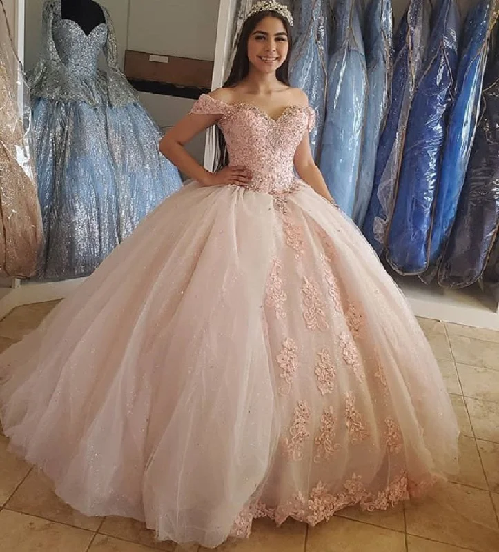 Blush Pink Puffy Sweet 16 Off Shoulder Ball Gowns Sixteen Beaded Crystal Light Pink Tulle Quinceanera Dress Princess Prom Dresses S27021 Blush Pink Puffy Sweet 16 Off Shoulder Ball Gowns Sixteen Beaded Crystal Light Pink Tulle Quinceanera Dress Princess Prom Dresses S27021