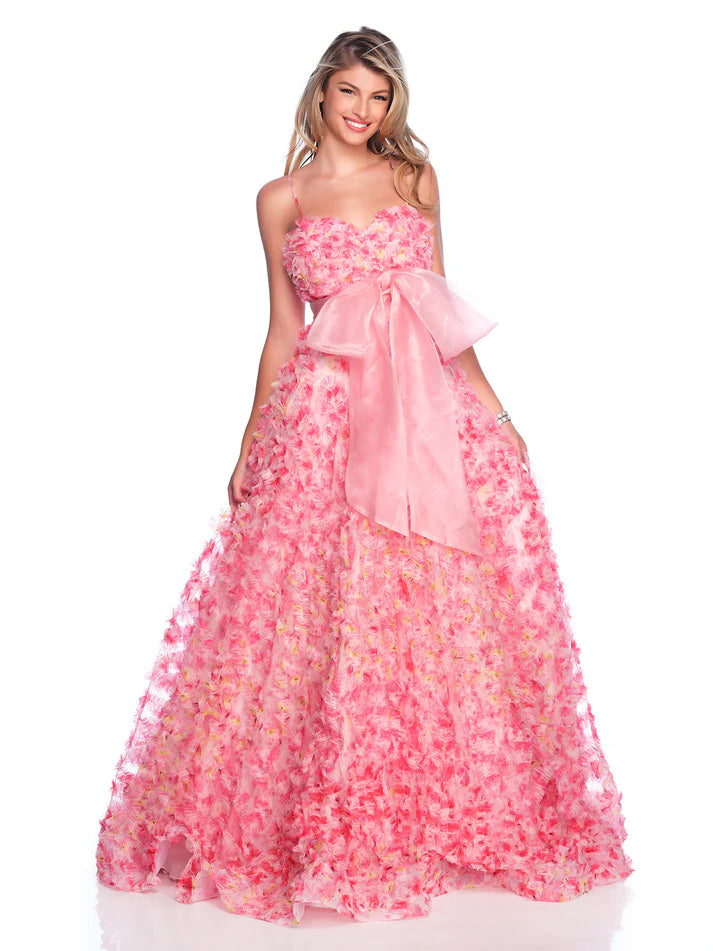 Dave & Johnny 12136 Size 2 Pink Print Pleated Ruffle Prom Dress Bow Floral Print A Line Ballgown Formal