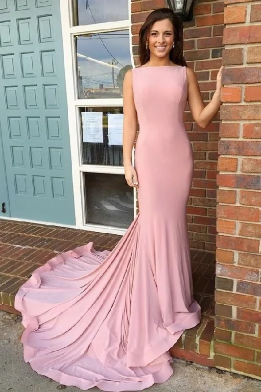 Boat Necking Long Sheath Pink Elegant Simple Cheap Prom Dresses PRMXFF6Z
