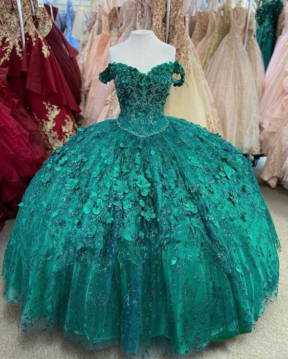 Emerald Green Hand Beaded Flower Ball Gown Quinceanera Dress Off Shoulder Sweetheart Gown Y293 Emerald Green Hand Beaded Flower Ball Gown Quinceanera Dress Off Shoulder Sweetheart Gown Y293