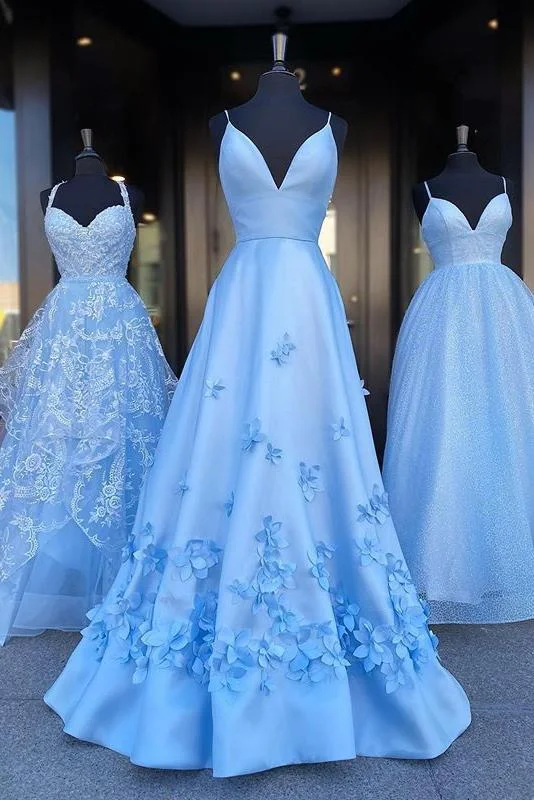 Charming Blue Spaghetti Straps V Neck Flowers Long Prom Dresses Satin Unique Formal Dresses STI15098