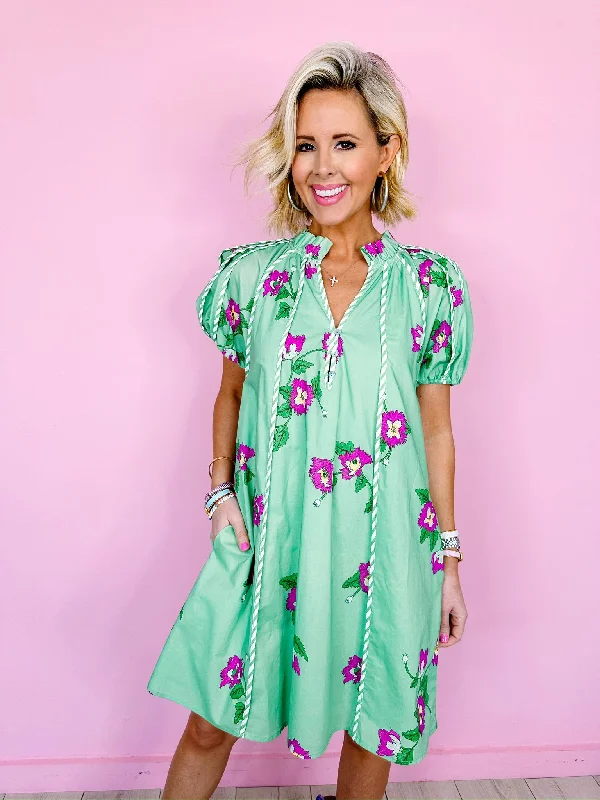 RISING VINES STRIPE TRIM DRESS - GREEN