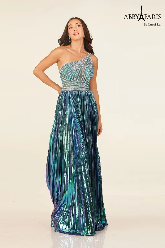 Abby Paris 90289 Size 12 Teal Metallic Pleated Maxi Slit Prom Dress One Shoulder Crystal Formal Gown Abby Paris 90289 Size 12 Teal Metallic Pleated Maxi Slit Prom Dress One Shoulder Crystal Formal Gown
