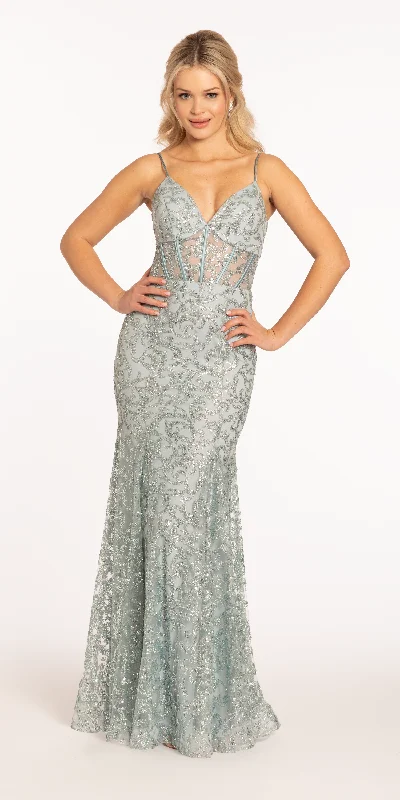 Sweetheart Corset Glitter Mesh Lace Up Back Column Dress