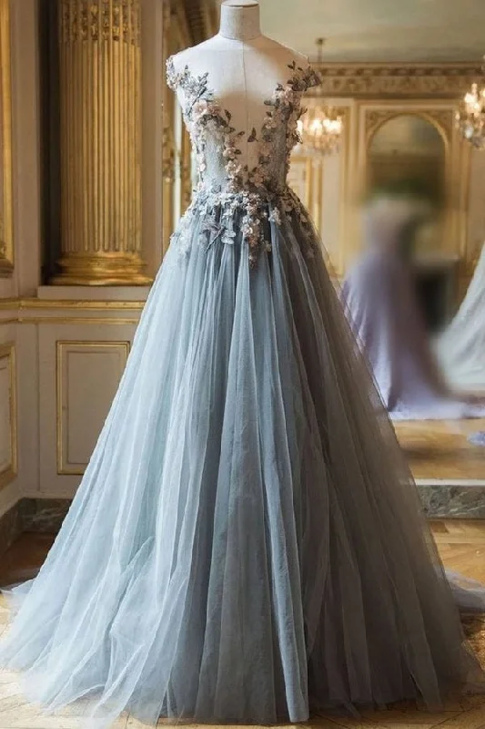 Beautiful Sheer Neck Long Tulle Prom Dress With Flowers A Line Cap Sleeves PL99G9PR