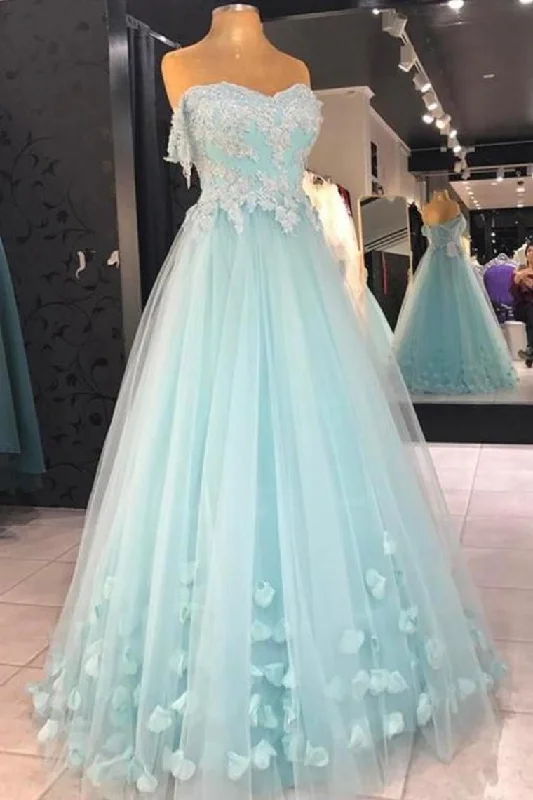 Cheap A Line Strapless Floor Length Tulle Prom Dress With Flowers Appliqued Formal STIPS5H8PGM