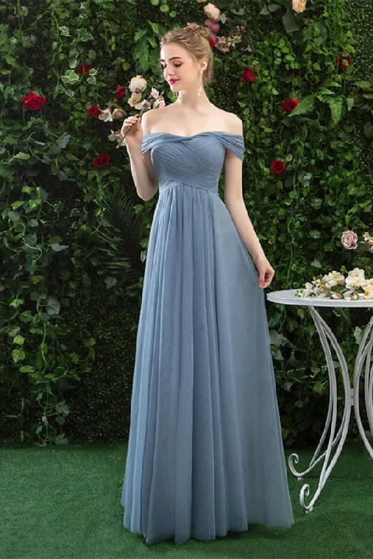 Cheap Off The Shoulder Tulle Long Prom Dress With Short Sleeves Simple PTTF1H5T
