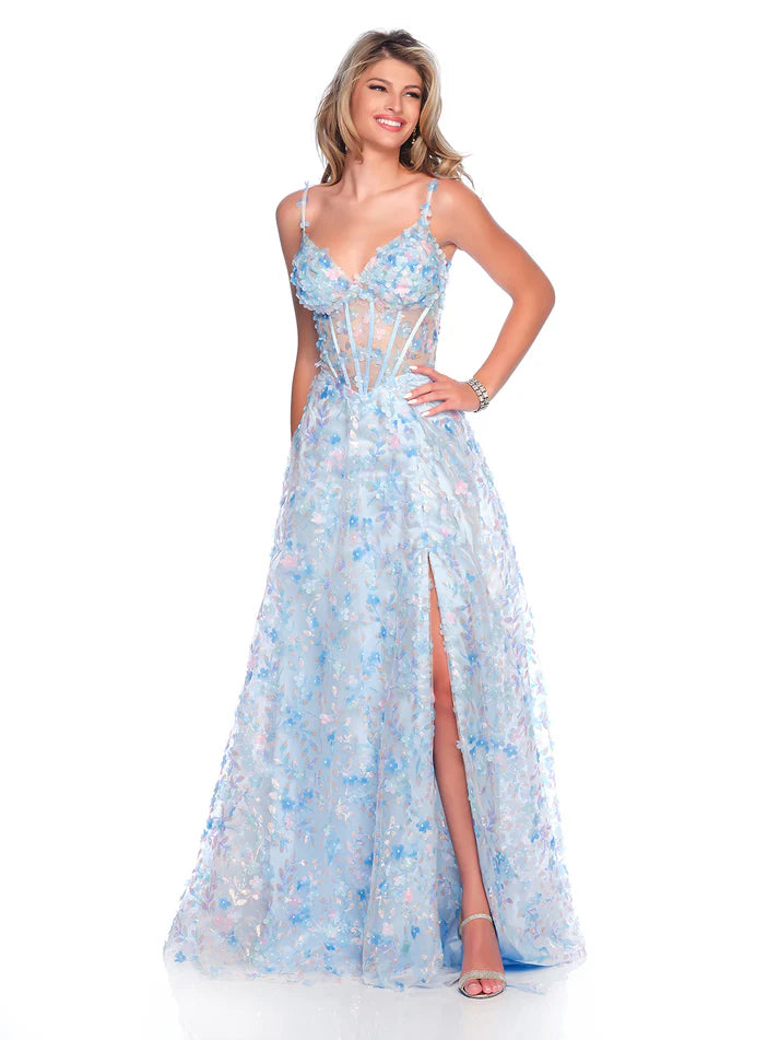 Dave & Johnny 12017 Size 4 Ice Blue Sheer Corset 3D Prom Dress A Line Slit formal floral Gown V Neck Dave & Johnny 12017 Size 4 Ice Blue Sheer Corset 3D Prom Dress A Line Slit formal floral Gown V Neck