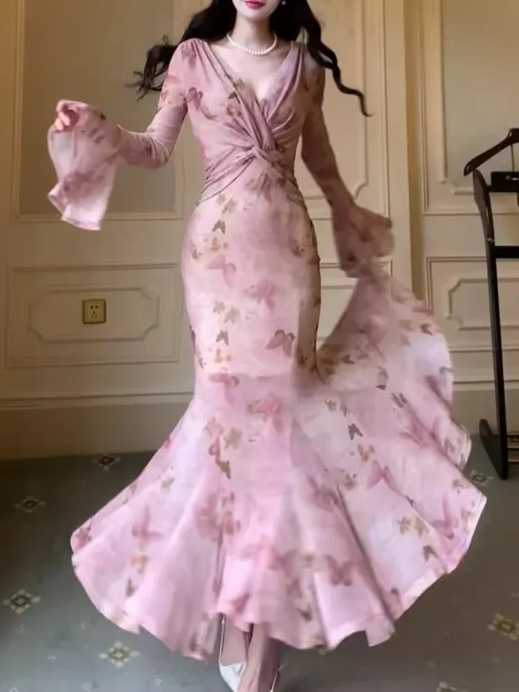 Getadme Elegant Chic Bodycon Mermaid Long Dresses for Women Spring Summer Vintage Print Evening Party Long Sleeves Female Clothing New Getadme Elegant Chic Bodycon Mermaid Long Dresses for Women Spring Summer Vintage Print Evening Party Long Sleeves Female Clothing New