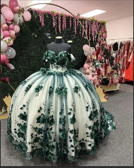Green Ball Gown Quinceanera Dresses Off Shoulder 3d Flowers Beads Applique Sweet 15 16 Party Prom Dress Y292 Green Ball Gown Quinceanera Dresses Off Shoulder 3d Flowers Beads Applique Sweet 15 16 Party Prom Dress Y292