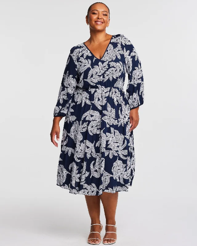 Leafy Tiered Dress | Navy/Milk