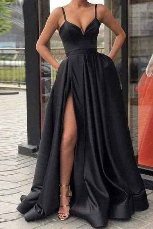 Black Spaghetti Straps Split Long Satin Prom Dress A Line Simple Long Formal STIP5G4JRHJ Black Spaghetti Straps Split Long Satin Prom Dress A Line Simple Long Formal STIP5G4JRHJ