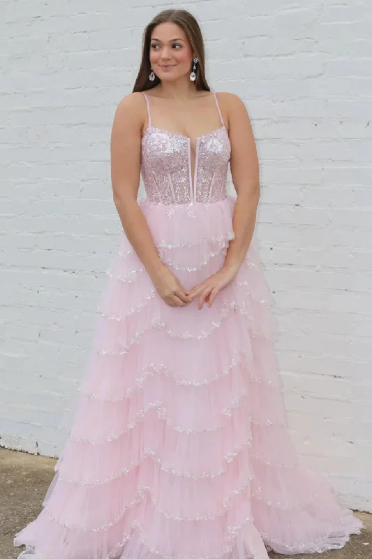 Lace Spaghetti Strap Ruffle Pink Sequin Tiered Long Prom Dresses