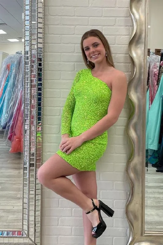 Sparkly Bodycon One Shoulder Fluorescent Green Sequins Short Homecoming Dresses c3377