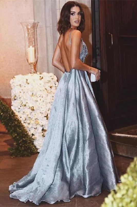 Charming Elegant Spaghetti Straps Light Blue Beading Long Prom Dresses P8SGYAH1