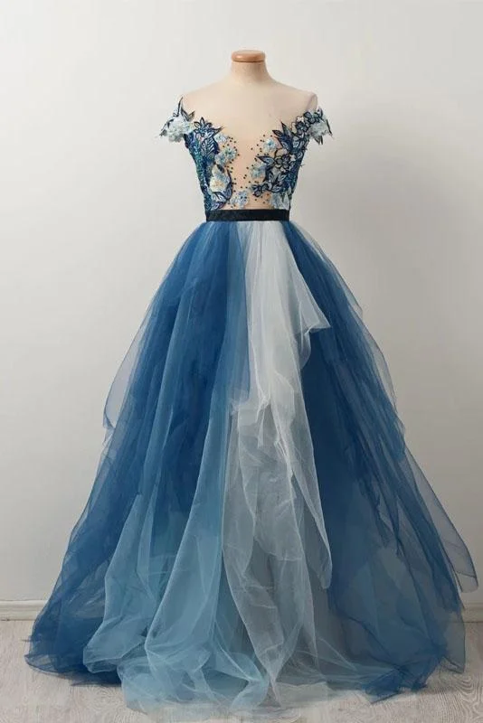 Blue Off the Shoulder Tulle V neck Cap Sleeve Beads Prom Dresses with Applique STI15080 Blue Off the Shoulder Tulle V neck Cap Sleeve Beads Prom Dresses with Applique STI15080