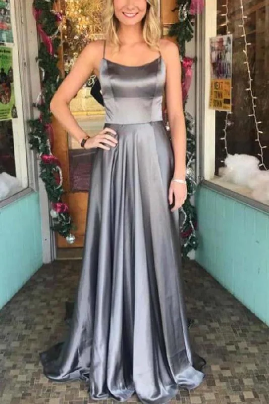 Beautiful Silver Gray Long A-Line Spaghetti Straps Prom Dresses P3Q5A52C