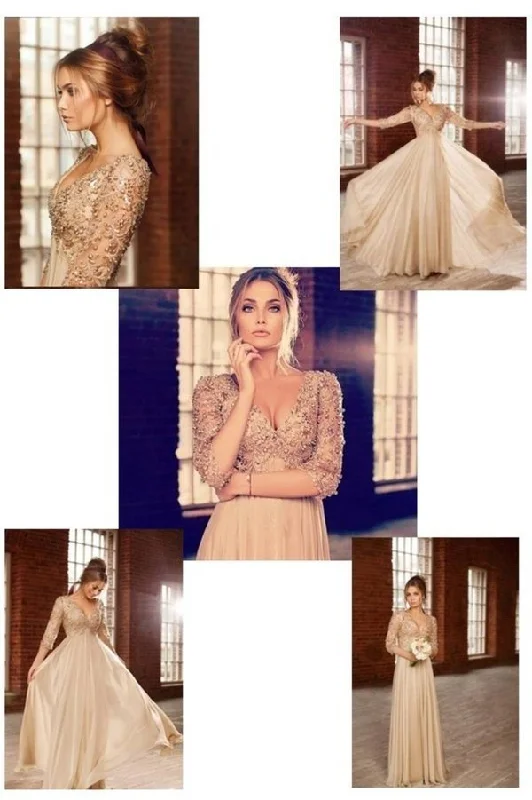 Best Selling Prom Dresses 3/4 Sleeves A Line V PCM7KX9R