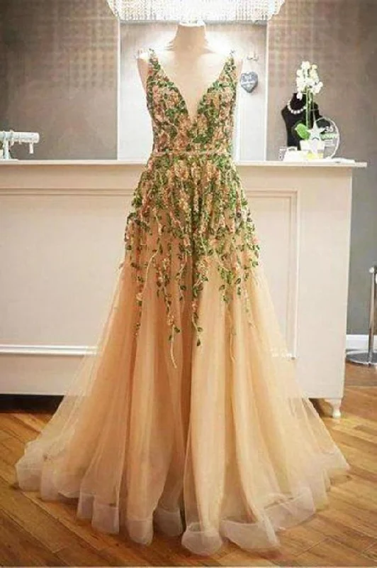 Criss Cross Back Appliqued Tulle Prom Dress P3C9JEE1