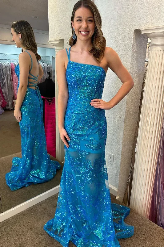 One Shoulder Lace Sequin Long Mermaid Prom Dresses