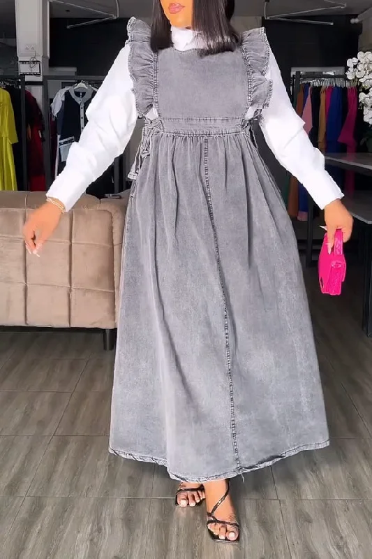 Chic Ruffle Denim Pinafore Dress
