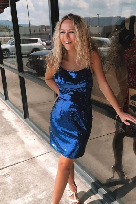 Navy Blue Sequins Homecoming Dress c3241